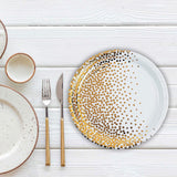 8 Count Gold Foil Dots White Dinner Paper Plates Disposable for Wedding Party Elegant 10 Inch