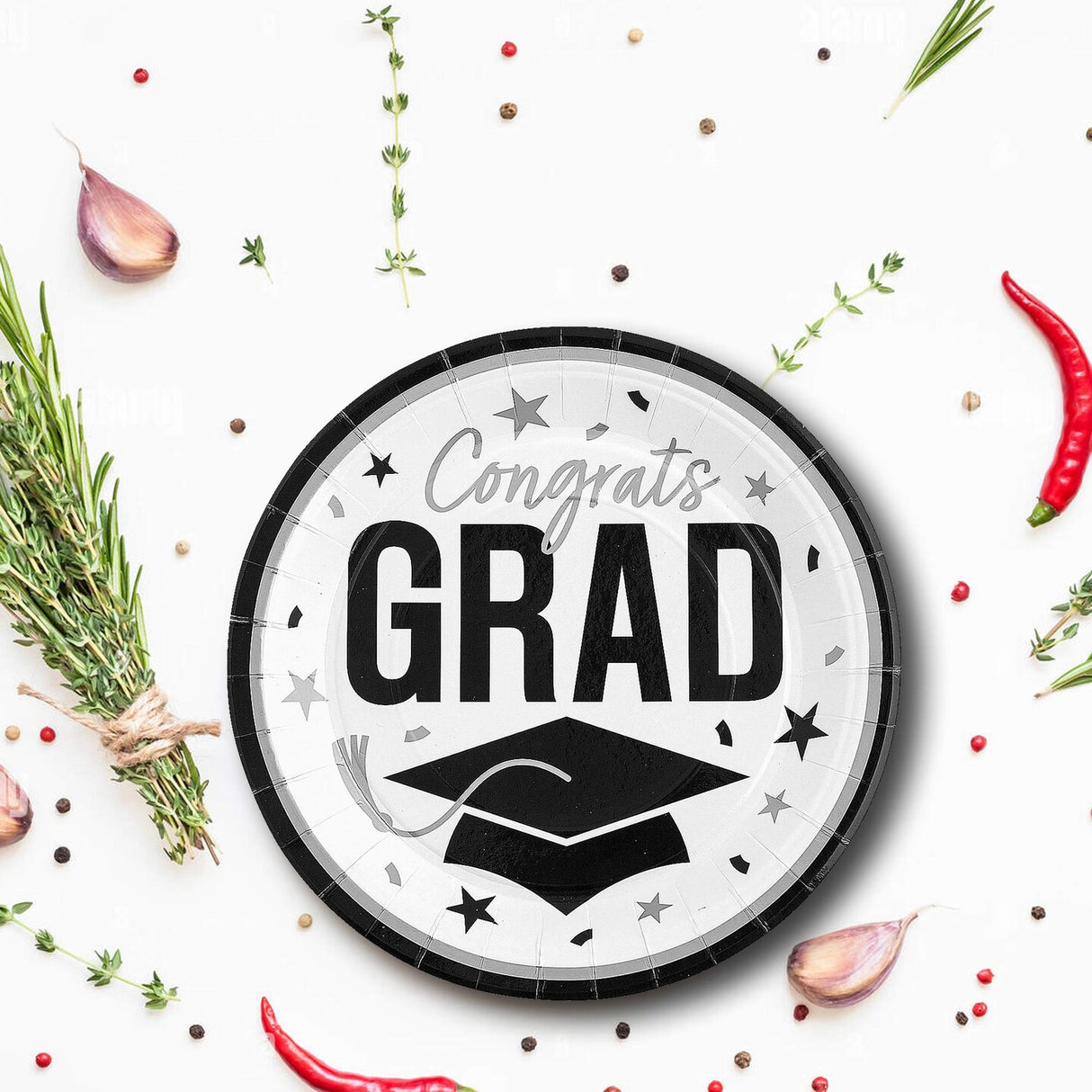 25 Graduation Supplies Plates Round White Paper 9 Inch Congrats Grad for Dinner Events