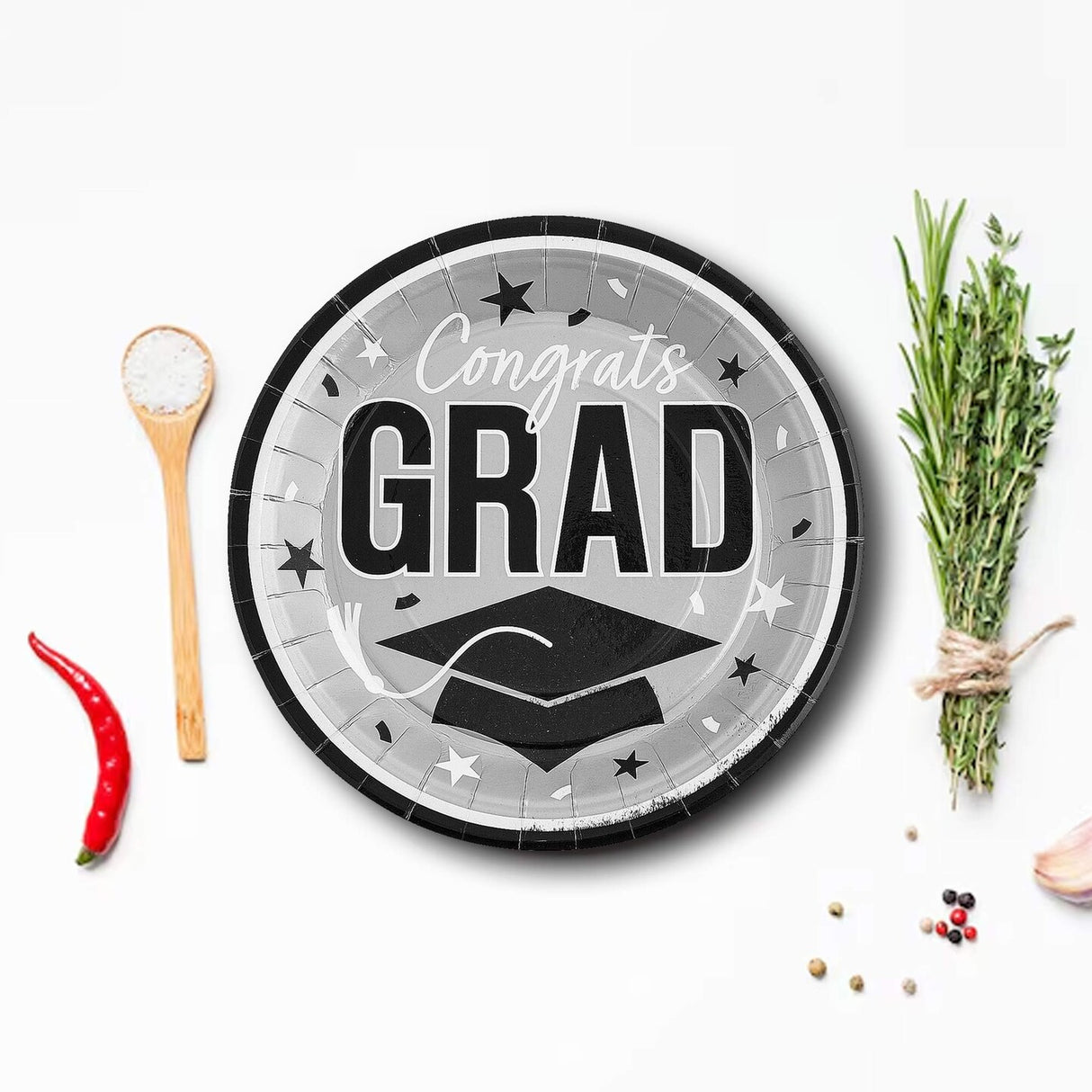 25 Graduation Paper Dinner Plates Silver Round Congrats Grad 9 Inch Size for Party Supplies