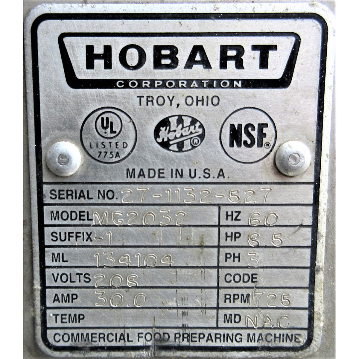 Hobart MG2032 Meat Mixer Grinder, Used Excellent Condition