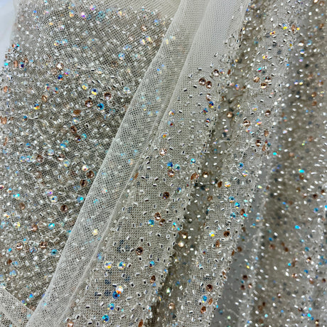 Beaded Lace Fabric Embroidered On 100 Percent Polyester Net Mesh - Black, 60" Wide (1 Yard)
