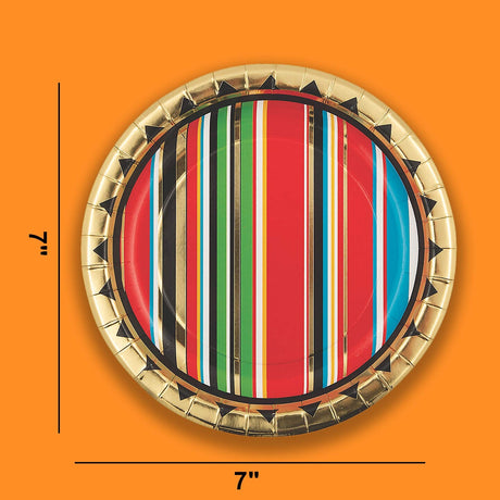 8 Count Gold Foil Viva Fiesta Paper Dessert Plates 7" Striped Serape Party Plates