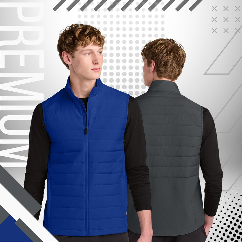 Black insulated hybrid vest for hiking and outdoor wear