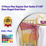 10 Pieces Plum Organza Chair Sashes 8"x108" Sheer Elegant Event Decor