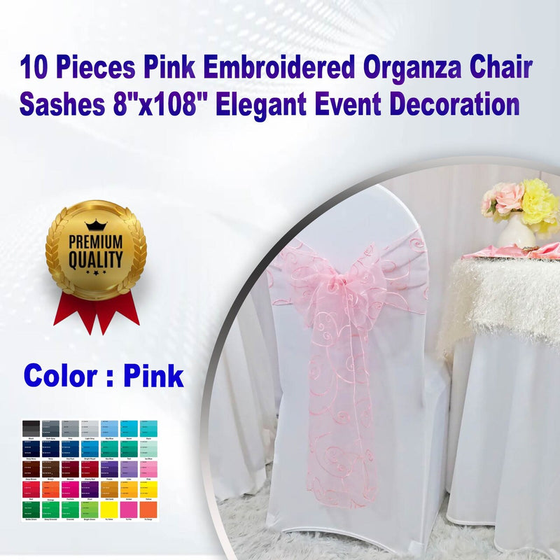 10 Pieces Pink Embroidered Organza Chair Sashes 8"x108" Elegant Event Decoration