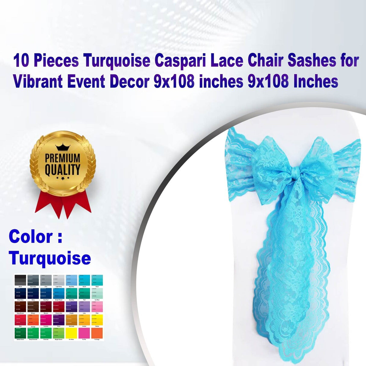 10 Pieces Turquoise Caspari Lace Chair Sashes for Vibrant Event Decor 9x108 inches 9x108 Inches