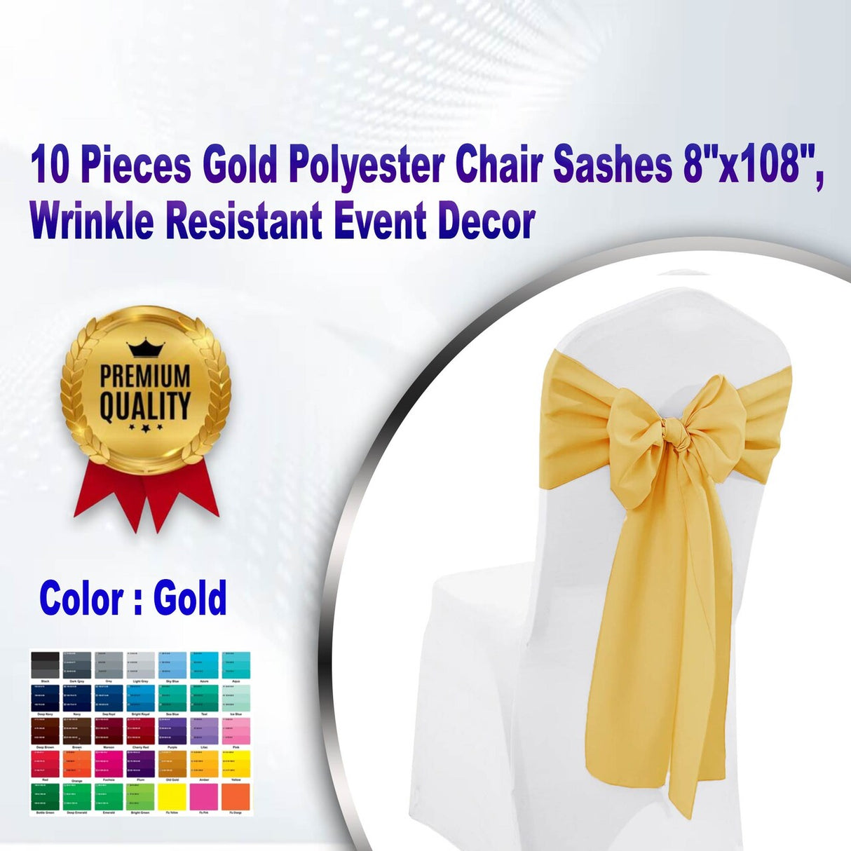10 Pieces Gold Polyester Chair Sashes 8"x108", Wrinkle Resistant Event Decor