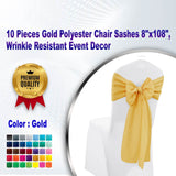 10 Pieces Gold Polyester Chair Sashes 8"x108", Wrinkle Resistant Event Decor