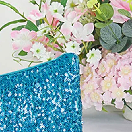 1 Piece Turquoise Sequin Spandex Chair Cap 13.5 inch by 10 inch Event Decoration