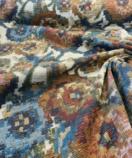 Jewel Cabbage Rose Chenille Fabric - Beige Background, Floral Design, 56" Width (1 Yard)