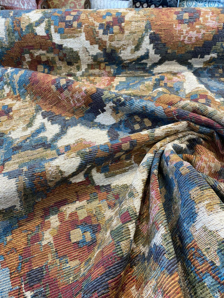 Jewel Cabbage Rose Chenille Fabric - Beige Background, Floral Design, 56" Width (1 Yard)