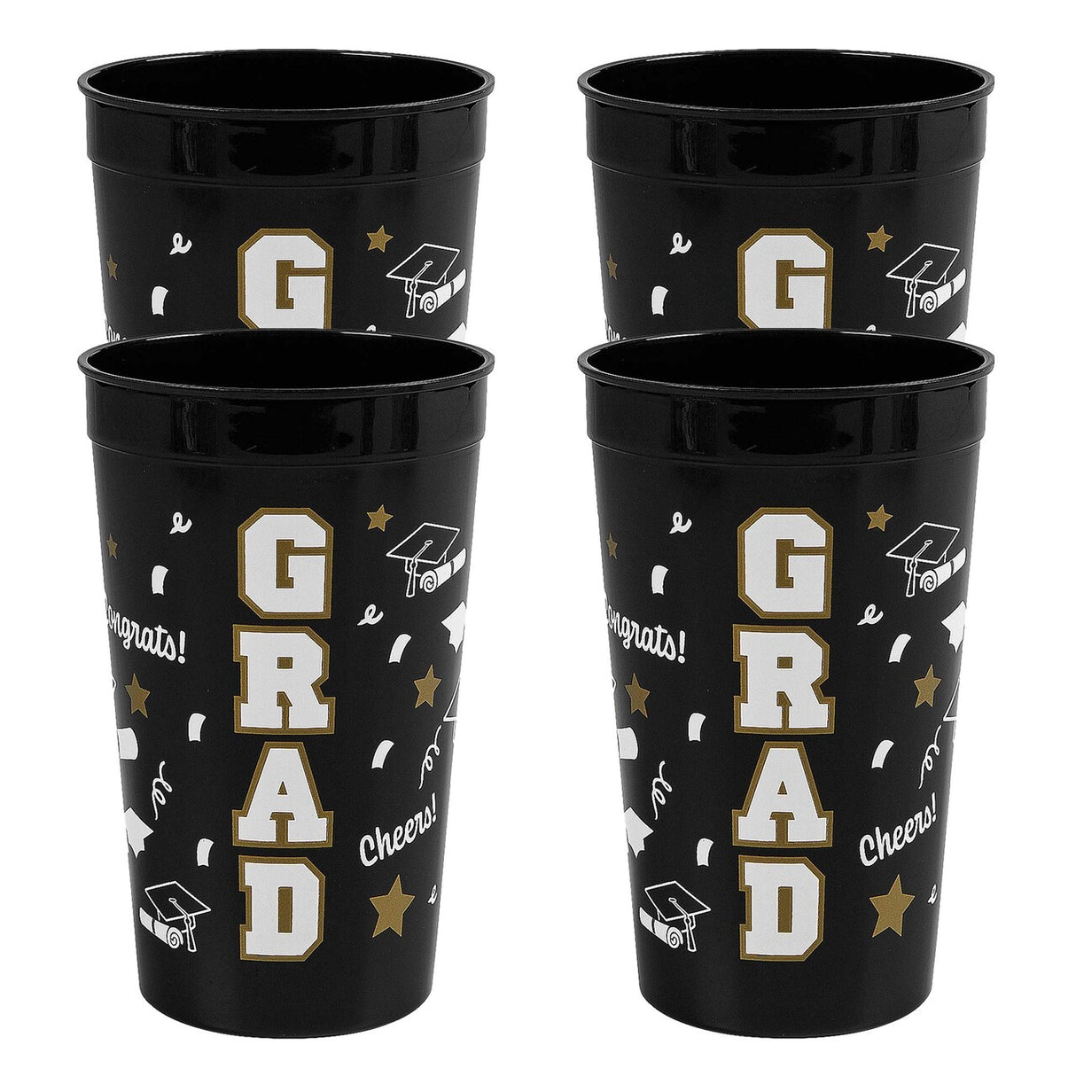 Bright Black Grad Reusable Plastic Tumblers – 12 Count (32 oz, 6.75")