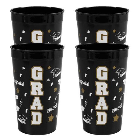 Bright Black Grad Reusable Plastic Tumblers – 12 Count (32 oz, 6.75")
