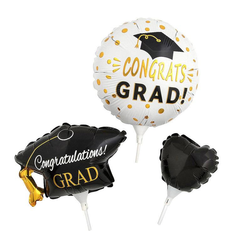 Graduation Party Mylar Stick Balloons Assortment – 3ct, 8.5" x 15"