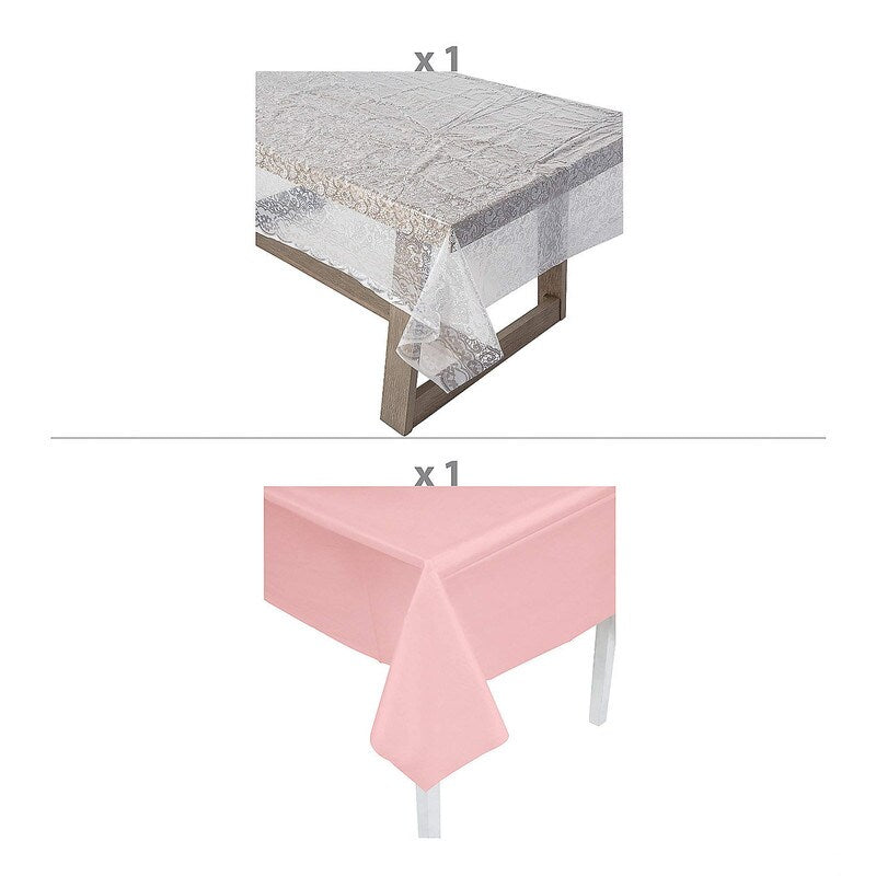 White Lace-Printed & Light Pink Rectangle Disposable Plastic Tablecloth Kit - 2 Pc.