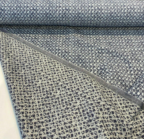Saltaire Chenille Upholstery Fabric - Blue, Off White, Beige, 54" Width (1 Yard)
