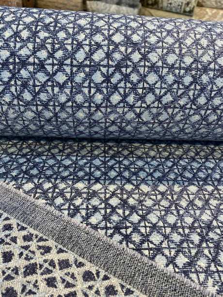 Saltaire Chenille Upholstery Fabric - Blue, Off White, Beige, 54" Width (1 Yard)