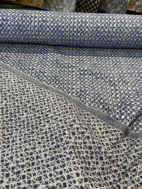Saltaire Chenille Upholstery Fabric - Blue, Off White, Beige, 54" Width (1 Yard)