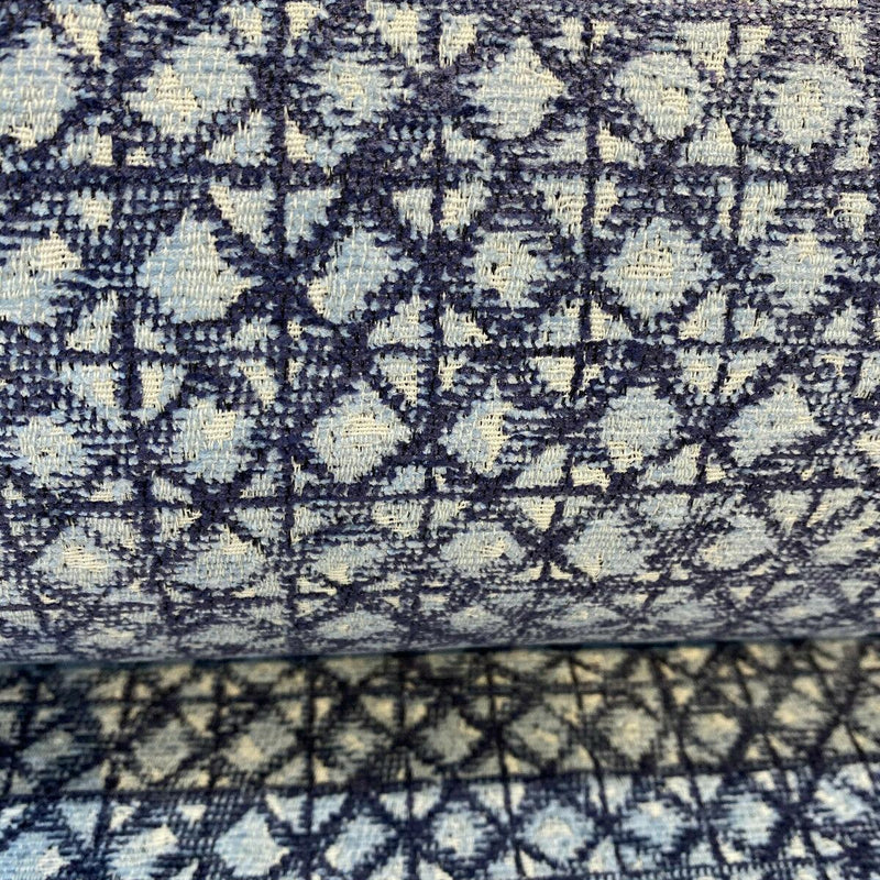 Saltaire Chenille Upholstery Fabric - Blue, Off White, Beige, 54" Width (1 Yard)
