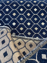 Mercedes Blue Navy Damask Diamond Chenille Fabric - Navy Blue Damask Diamond, 56" Width (1 Yard)