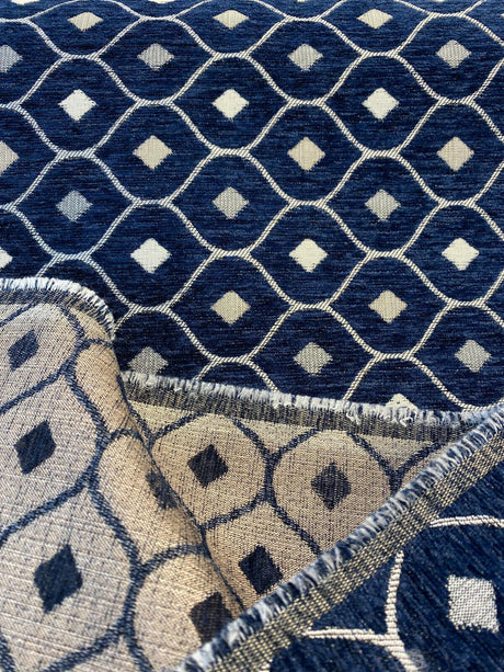 Mercedes Blue Navy Damask Diamond Chenille Fabric - Navy Blue Damask Diamond, 56" Width (1 Yard)