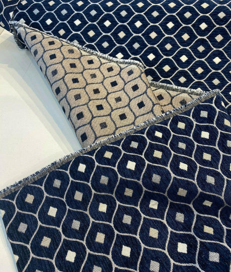 Mercedes Blue Navy Damask Diamond Chenille Fabric - Navy Blue Damask Diamond, 56" Width (1 Yard)