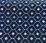 Mercedes Blue Navy Damask Diamond Chenille Fabric - Navy Blue Damask Diamond, 56" Width (1 Yard)