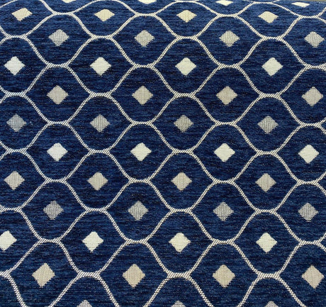 Mercedes Blue Navy Damask Diamond Chenille Fabric - Navy Blue Damask Diamond, 56" Width (1 Yard)