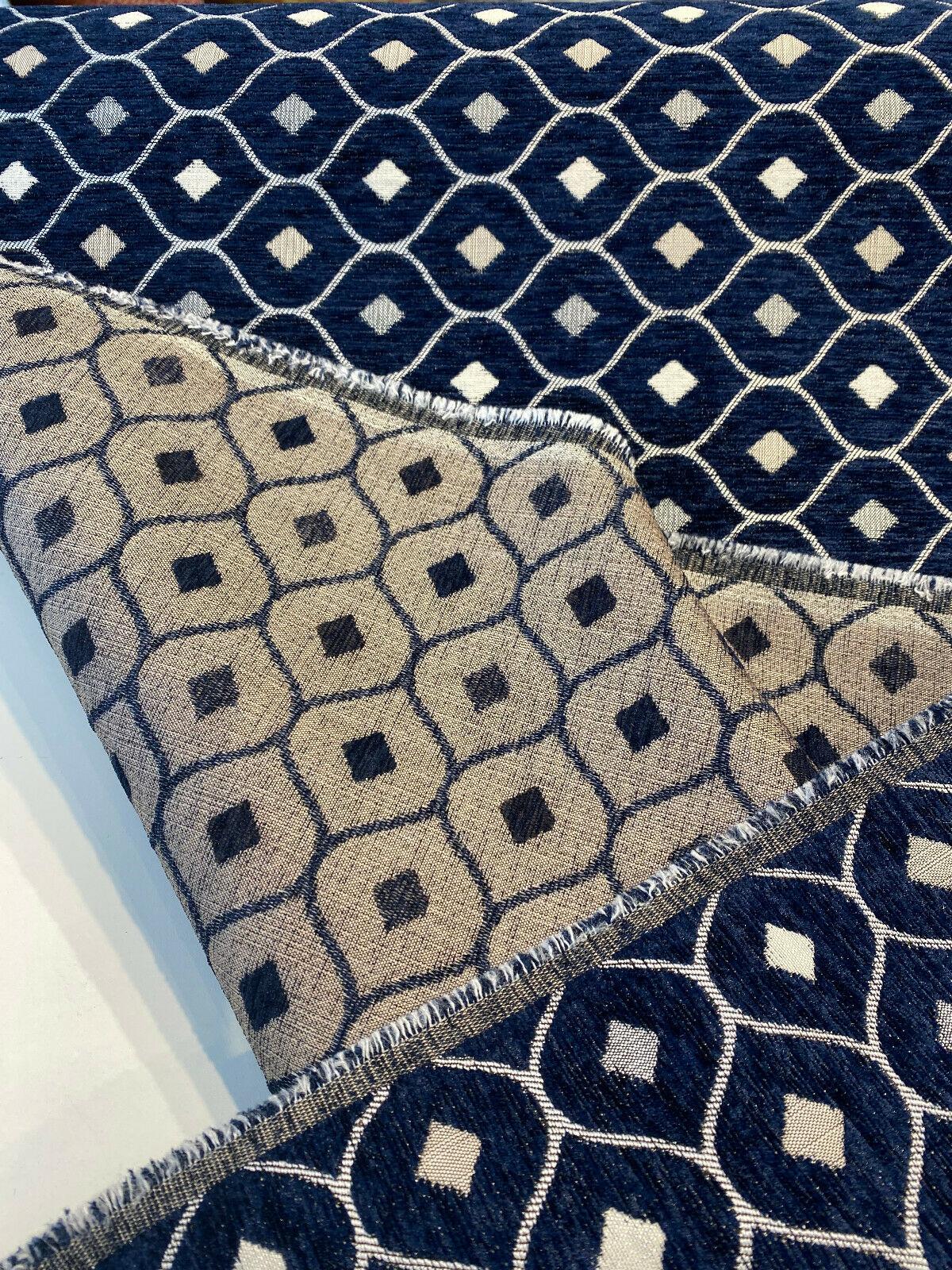 Mercedes Blue Navy Damask Diamond Chenille Fabric - Navy Blue Damask Diamond, 56" Width (1 Yard)