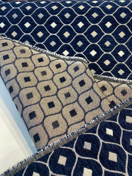 Mercedes Blue Navy Damask Diamond Chenille Fabric - Navy Blue Damask Diamond, 56" Width (1 Yard)