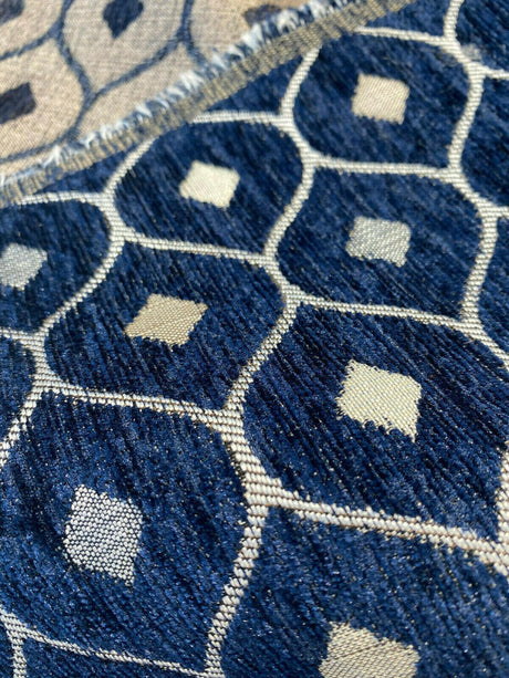 Mercedes Blue Navy Damask Diamond Chenille Fabric - Navy Blue Damask Diamond, 56" Width (1 Yard)