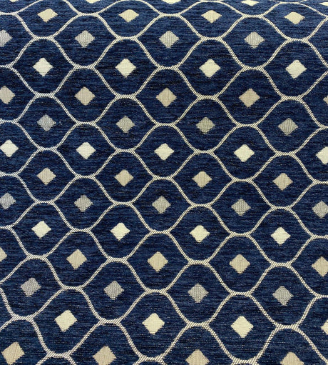 Mercedes Blue Navy Damask Diamond Chenille Fabric - Navy Blue Damask Diamond, 56" Width (1 Yard)