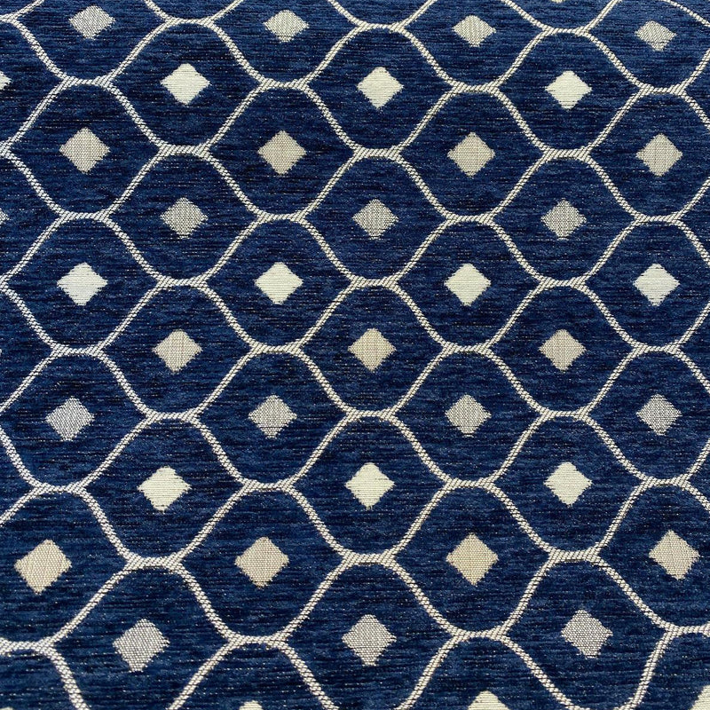 Mercedes Blue Navy Damask Diamond Chenille Fabric - Navy Blue Damask Diamond, 56" Width (1 Yard)