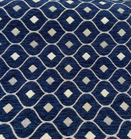 Mercedes Blue Navy Damask Diamond Chenille Fabric - Navy Blue Damask Diamond, 56" Width (1 Yard)