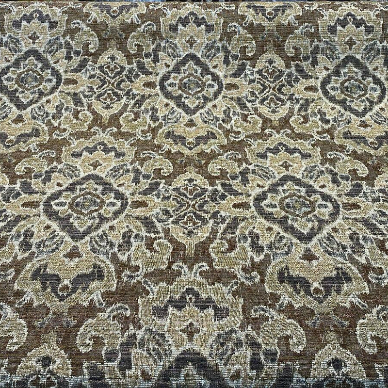 Mazaro Moss Hindley Brown Damask Chenille Fabric - Brown Beige Antique Green Damask, 56" Width (By The Yard)