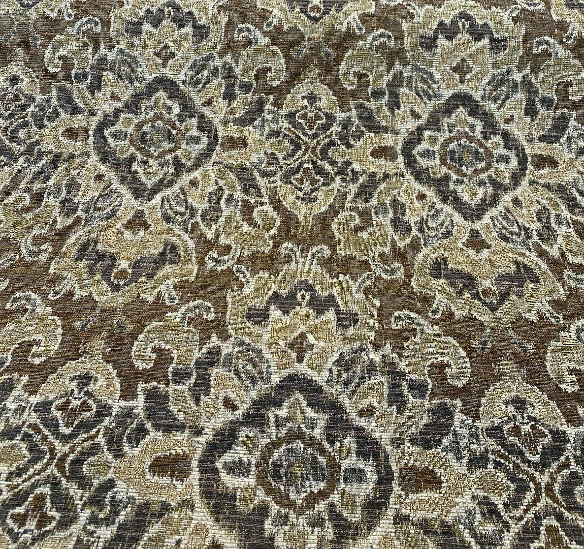 Mazaro Moss Hindley Brown Damask Chenille Fabric - Brown Beige Antique Green Damask, 56" Width (By The Yard)