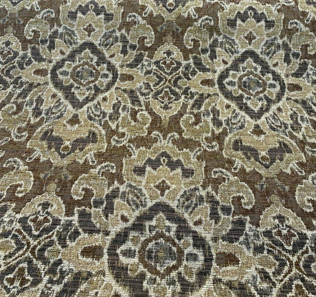 Mazaro Moss Hindley Brown Damask Chenille Fabric - Brown Beige Antique Green Damask, 56" Width (By The Yard)