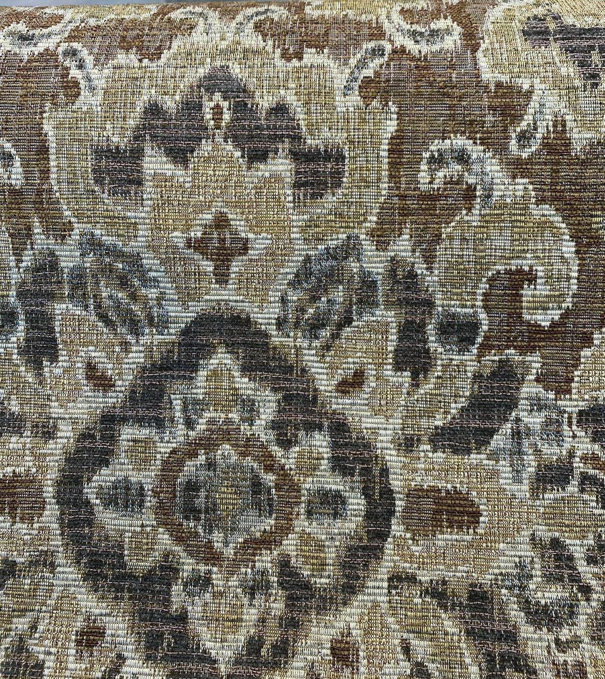 Mazaro Moss Hindley Brown Damask Chenille Fabric - Brown Beige Antique Green Damask, 56" Width (By The Yard)