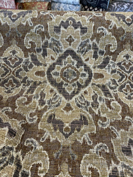 Mazaro Moss Hindley Brown Damask Chenille Fabric - Brown Beige Antique Green Damask, 56" Width (By The Yard)