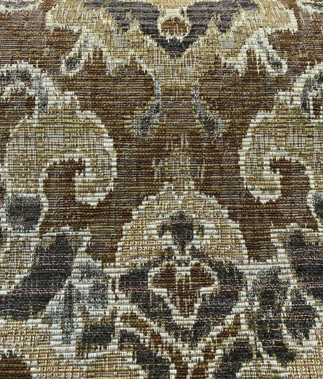 Mazaro Moss Hindley Brown Damask Chenille Fabric - Brown Beige Antique Green Damask, 56" Width (By The Yard)