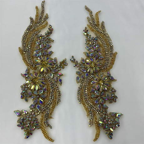 Crystal Rhinestone Applique 100 Percent Polyester Lace Fabric - Floral Beaded Embroidered, 14" X 4" Each Side (1 Pair)