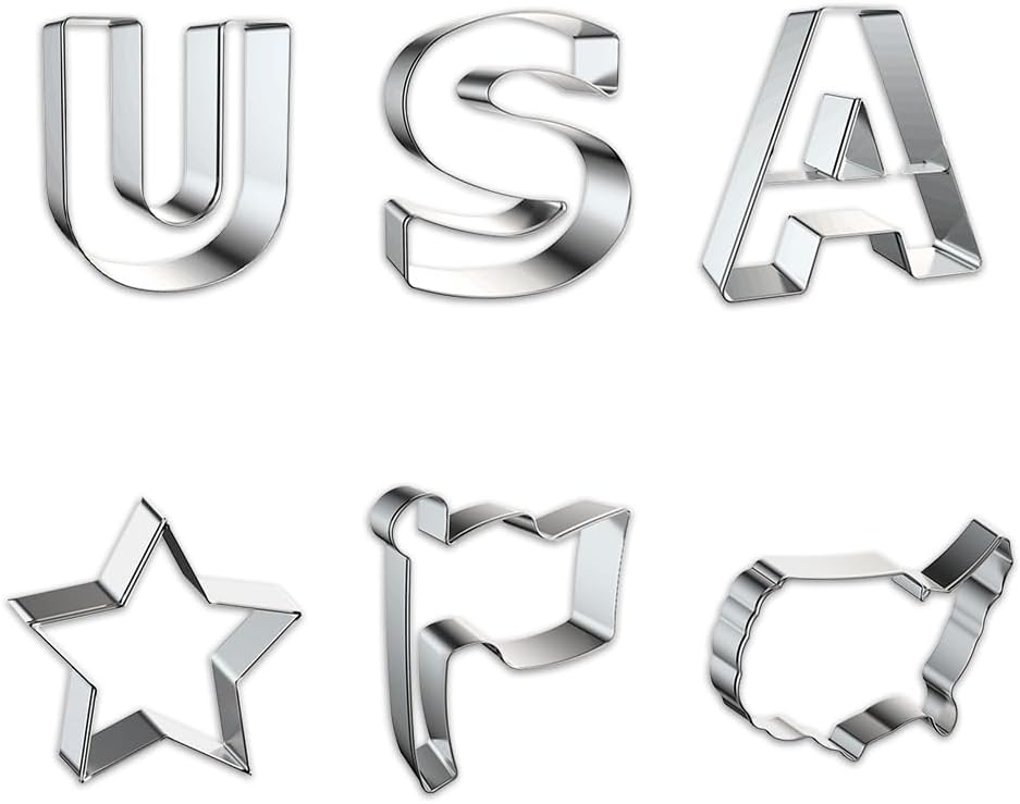 6 PCS Patriotic Metal Cookie Cutters, Labor Day USA Words American Flag Map Cutter Mold for Kitchen Baking Patriotic Party Stainless Steel Biscuits Cutters for Veterans Day Home Baking Gifts