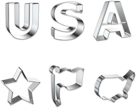 6 PCS Patriotic Metal Cookie Cutters, Labor Day USA Words American Flag Map Cutter Mold for Kitchen Baking Patriotic Party Stainless Steel Biscuits Cutters for Veterans Day Home Baking Gifts
