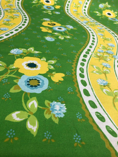 Bloomcraft Vintage Green Yellow Floral River Cotton Fabric - Floral River, Green Yellow Blue White, 54" Width, 13.5" Horizontal Repeat, 22" Vertical Repeat (1 Yard)