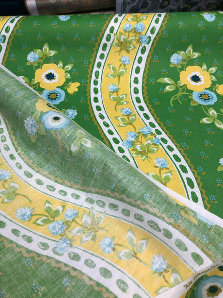Bloomcraft Vintage Green Yellow Floral River Cotton Fabric - Floral River, Green Yellow Blue White, 54" Width, 13.5" Horizontal Repeat, 22" Vertical Repeat (1 Yard)
