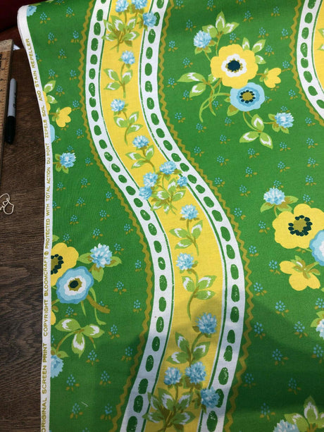Bloomcraft Vintage Green Yellow Floral River Cotton Fabric - Floral River, Green Yellow Blue White, 54" Width, 13.5" Horizontal Repeat, 22" Vertical Repeat (1 Yard)