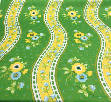 Bloomcraft Vintage Green Yellow Floral River Cotton Fabric - Floral River, Green Yellow Blue White, 54" Width, 13.5" Horizontal Repeat, 22" Vertical Repeat (1 Yard)