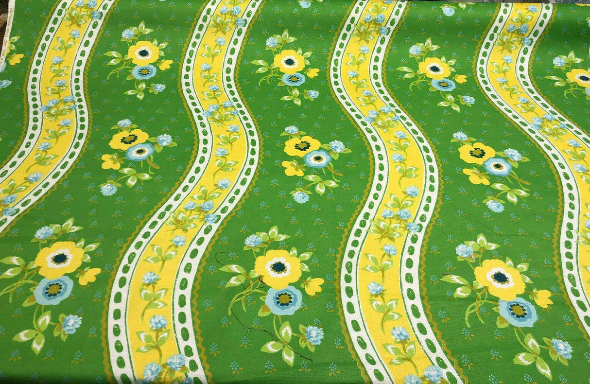 Bloomcraft Vintage Green Yellow Floral River Cotton Fabric - Floral River, Green Yellow Blue White, 54" Width, 13.5" Horizontal Repeat, 22" Vertical Repeat (1 Yard)