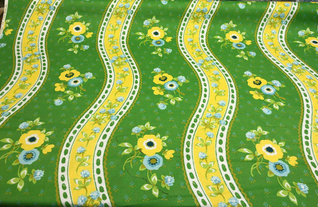 Bloomcraft Vintage Green Yellow Floral River Cotton Fabric - Floral River, Green Yellow Blue White, 54" Width, 13.5" Horizontal Repeat, 22" Vertical Repeat (1 Yard)