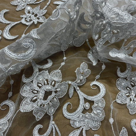 Beaded Corded Bridal Lace Fabric - Silver, 52" Wide (1 Yard)